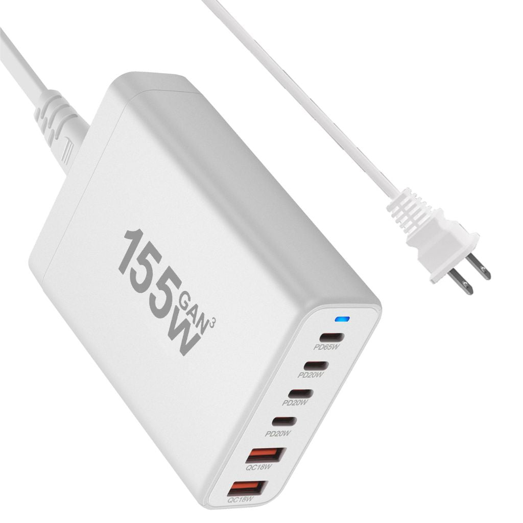 155W GaN 6-Port USB-C Charger with advanced GaN technology, featuring four USB-C PD ports and two USB-A QC 3.0 ports for fast and efficient multi-device charging. Compact and lightweight design suitable for home, office, and travel use.