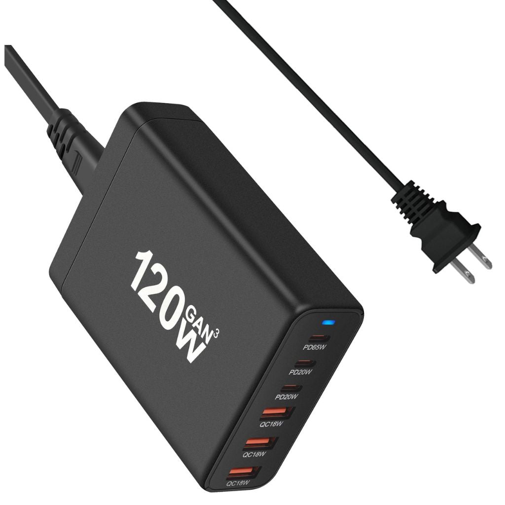 120W GaN 6-Port USB-C Charger with advanced GaN technology, featuring three USB-C PD ports and three USB-A QC 3.0 ports for fast and efficient multi-device charging. Compact and lightweight design suitable for home, office, and travel use.