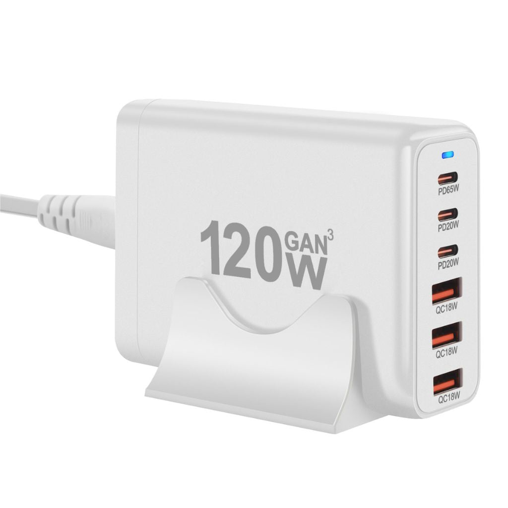 120W GaN 6-Port USB-C Charger with advanced GaN technology, featuring three USB-C PD ports and three USB-A QC 3.0 ports for fast and efficient multi-device charging. Compact and lightweight design suitable for home, office, and travel use.