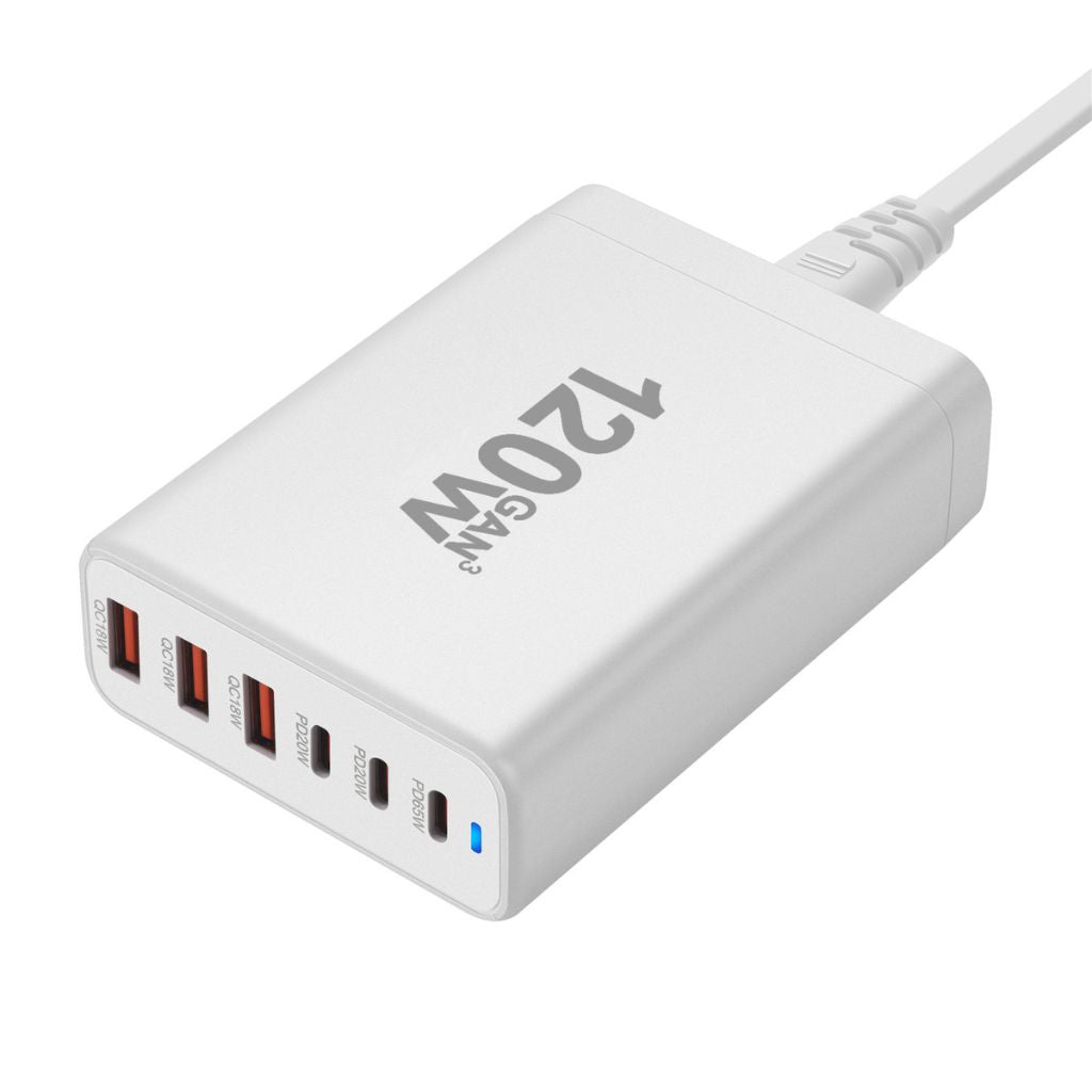 120W GaN 6-Port USB-C Charger with advanced GaN technology, featuring three USB-C PD ports and three USB-A QC 3.0 ports for fast and efficient multi-device charging. Compact and lightweight design suitable for home, office, and travel use.