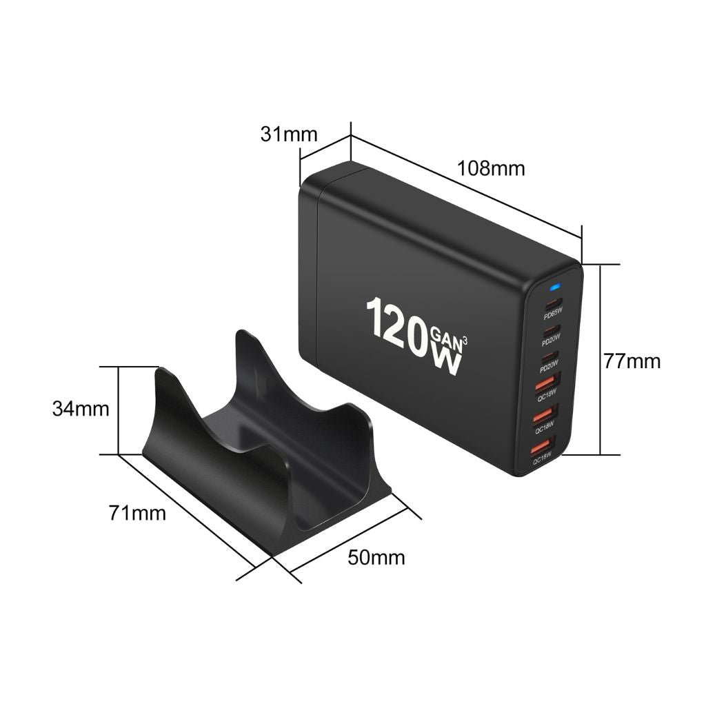 120W GaN 6-Port USB-C Charger with advanced GaN technology, featuring three USB-C PD ports and three USB-A QC 3.0 ports for fast and efficient multi-device charging. Compact and lightweight design suitable for home, office, and travel use.