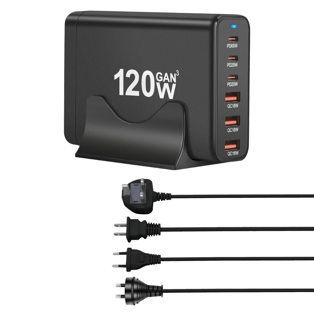 120W GaN 6-Port USB-C Charger with advanced GaN technology, featuring three USB-C PD ports and three USB-A QC 3.0 ports for fast and efficient multi-device charging. Compact and lightweight design suitable for home, office, and travel use.
