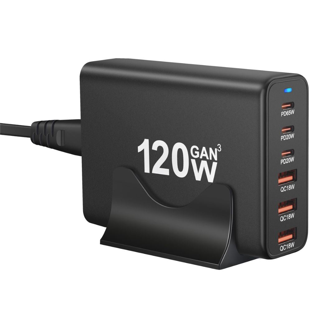 120W GaN 6-Port USB-C Charger with advanced GaN technology, featuring three USB-C PD ports and three USB-A QC 3.0 ports for fast and efficient multi-device charging. Compact and lightweight design suitable for home, office, and travel use.