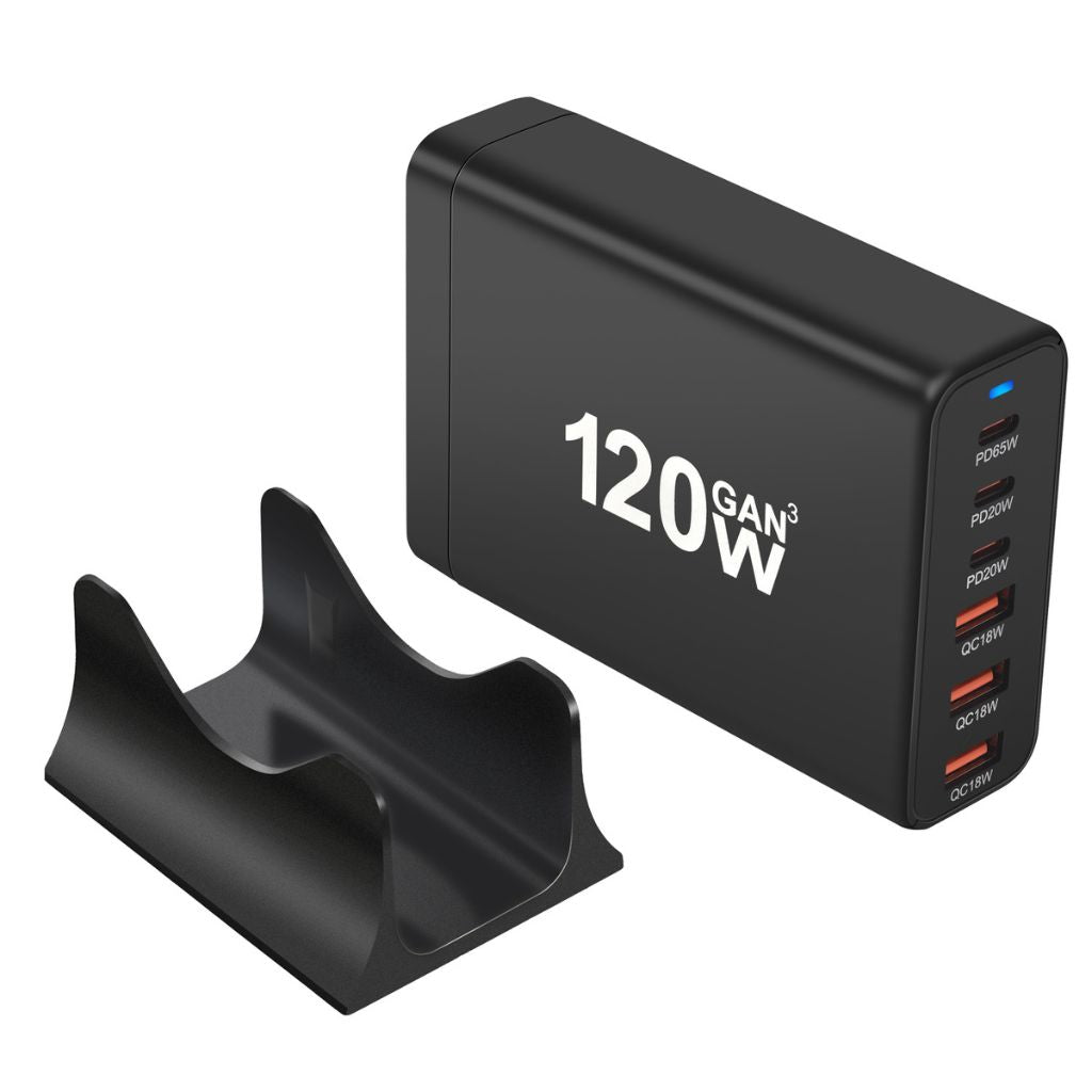 120W GaN 6-Port USB-C Charger with advanced GaN technology, featuring three USB-C PD ports and three USB-A QC 3.0 ports for fast and efficient multi-device charging. Compact and lightweight design suitable for home, office, and travel use.