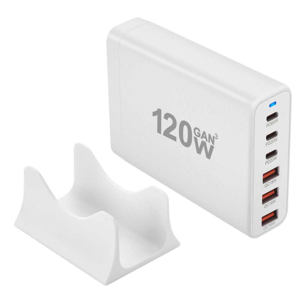 120W GaN 6-Port USB-C Charger with advanced GaN technology, featuring three USB-C PD ports and three USB-A QC 3.0 ports for fast and efficient multi-device charging. Compact and lightweight design suitable for home, office, and travel use.