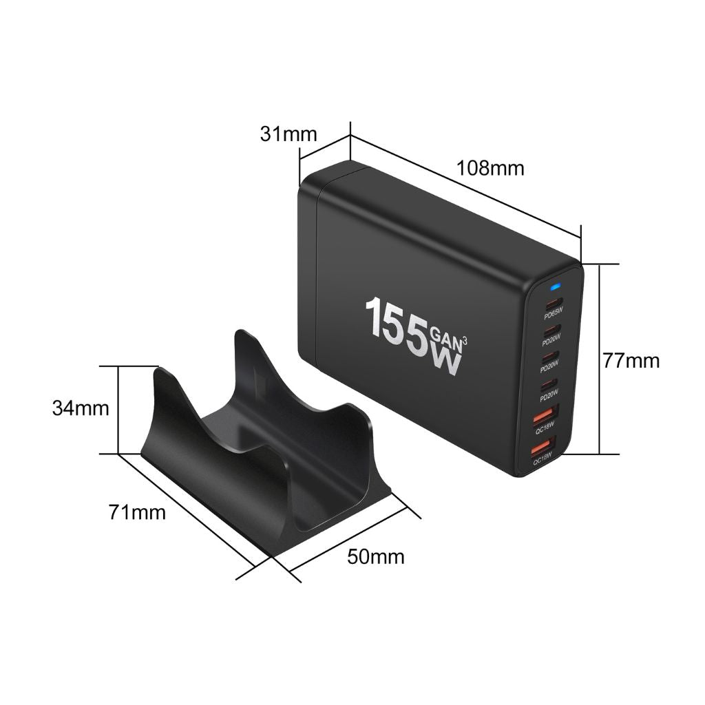 155W GaN 6-Port USB-C Charger with advanced GaN technology, featuring four USB-C PD ports and two USB-A QC 3.0 ports for fast and efficient multi-device charging. Compact and lightweight design suitable for home, office, and travel use.