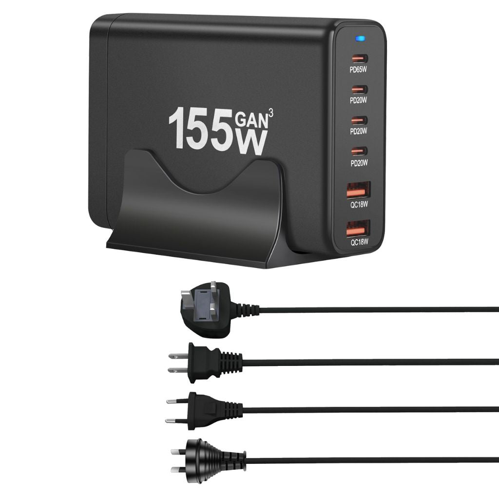 155W GaN 6-Port USB-C Charger with advanced GaN technology, featuring four USB-C PD ports and two USB-A QC 3.0 ports for fast and efficient multi-device charging. Compact and lightweight design suitable for home, office, and travel use.