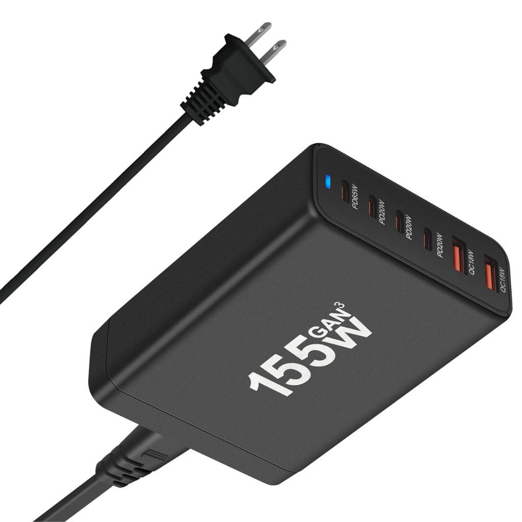 155W GaN 6-Port USB-C Charger with advanced GaN technology, featuring four USB-C PD ports and two USB-A QC 3.0 ports for fast and efficient multi-device charging. Compact and lightweight design suitable for home, office, and travel use.