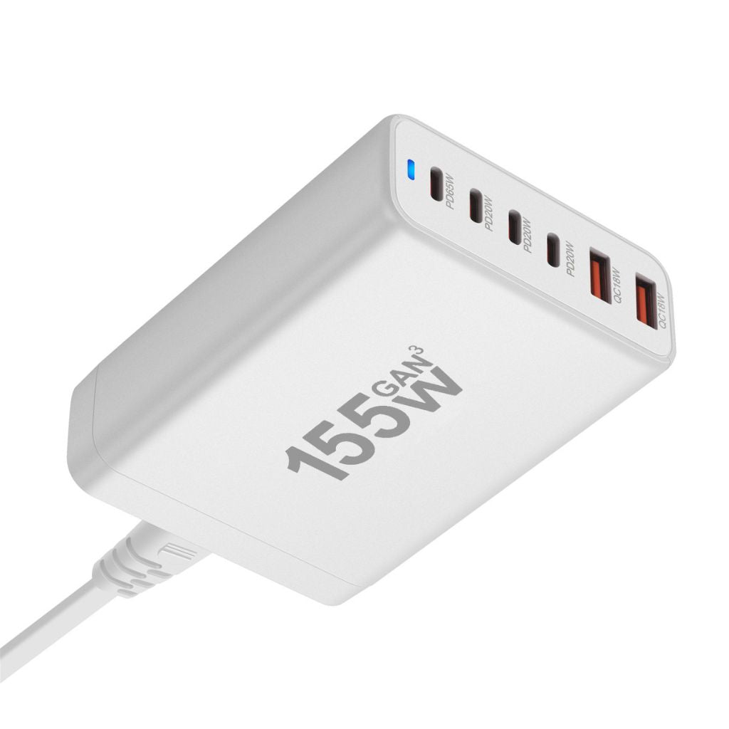 155W GaN 6-Port USB-C Charger with advanced GaN technology, featuring four USB-C PD ports and two USB-A QC 3.0 ports for fast and efficient multi-device charging. Compact and lightweight design suitable for home, office, and travel use.