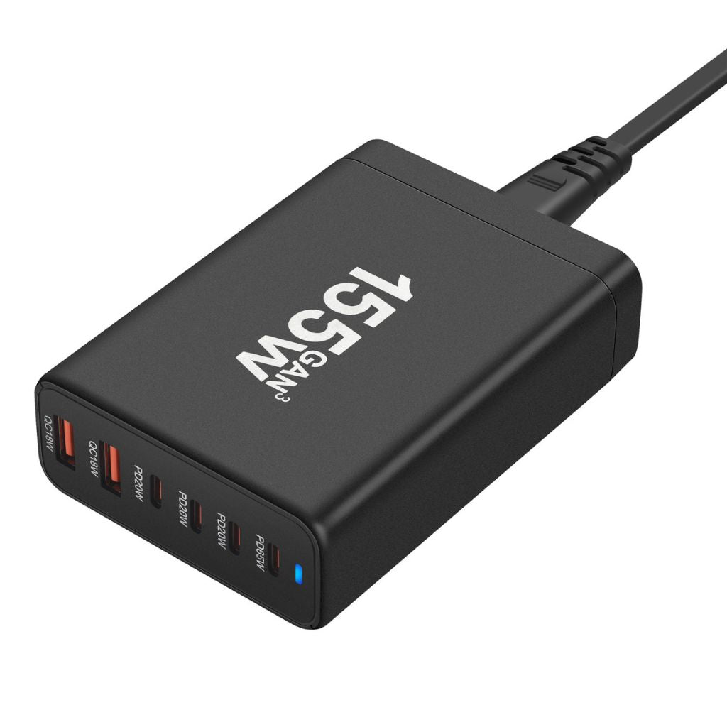 155W GaN 6-Port USB-C Charger with advanced GaN technology, featuring four USB-C PD ports and two USB-A QC 3.0 ports for fast and efficient multi-device charging. Compact and lightweight design suitable for home, office, and travel use.
