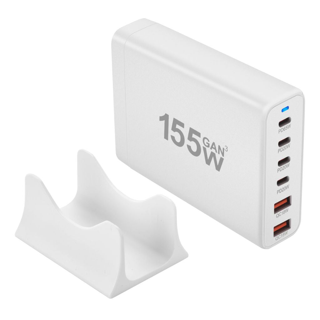155W GaN 6-Port USB-C Charger with advanced GaN technology, featuring four USB-C PD ports and two USB-A QC 3.0 ports for fast and efficient multi-device charging. Compact and lightweight design suitable for home, office, and travel use.
