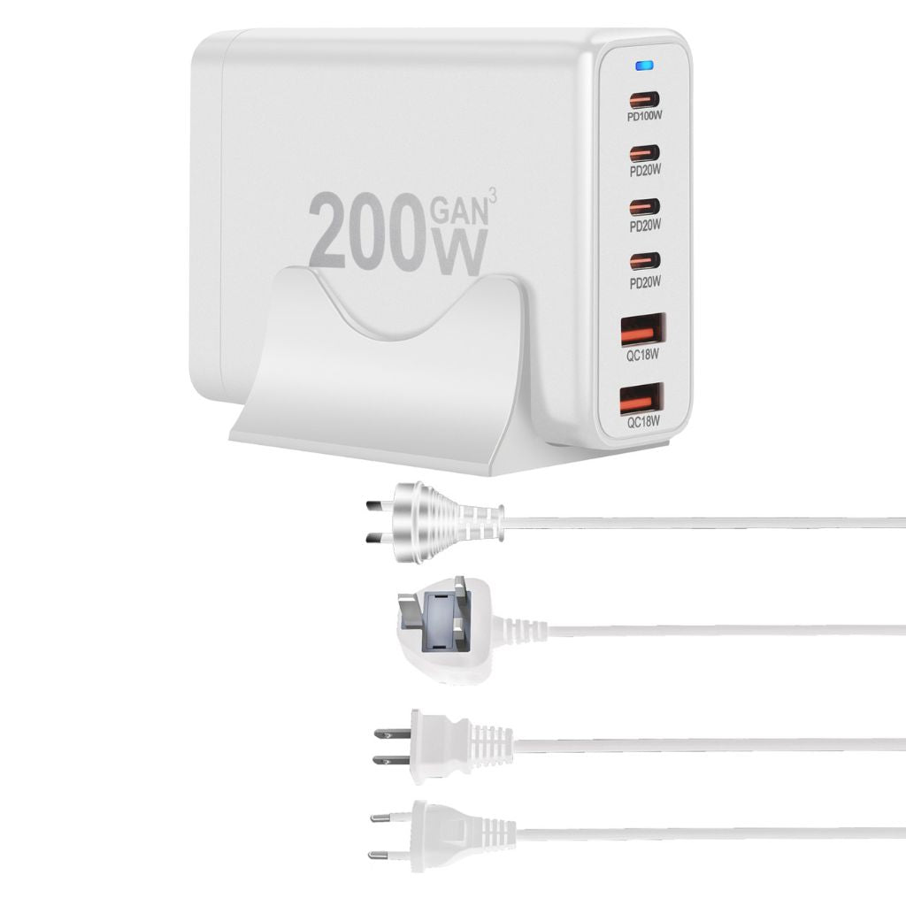200W GaN 6-Port USB-C Charger with advanced GaN technology, featuring four USB-C PD ports and two USB-A QC 3.0 ports for ultra-fast and efficient multi-device charging. Compact and lightweight design suitable for home, office, and travel use.