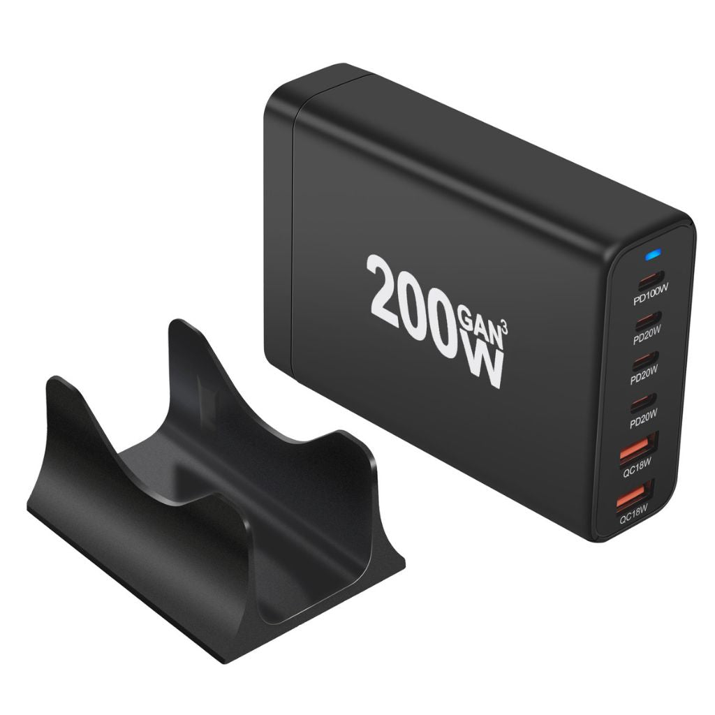 200W GaN 6-Port USB-C Charger with advanced GaN technology, featuring four USB-C PD ports and two USB-A QC 3.0 ports for ultra-fast and efficient multi-device charging. Compact and lightweight design suitable for home, office, and travel use.