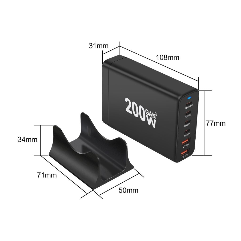 200W GaN 6-Port USB-C Charger with advanced GaN technology, featuring four USB-C PD ports and two USB-A QC 3.0 ports for ultra-fast and efficient multi-device charging. Compact and lightweight design suitable for home, office, and travel use.