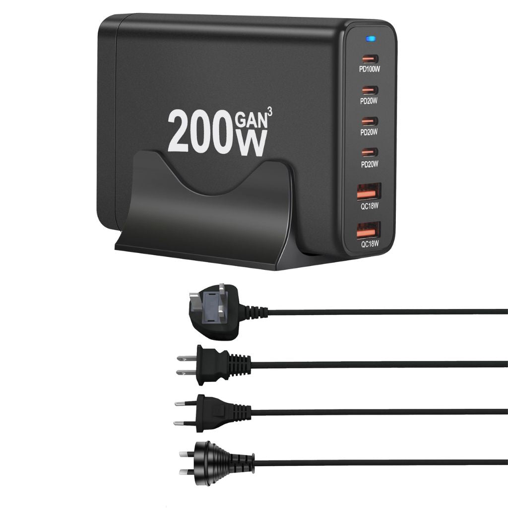 200W GaN 6-Port USB-C Charger with advanced GaN technology, featuring four USB-C PD ports and two USB-A QC 3.0 ports for ultra-fast and efficient multi-device charging. Compact and lightweight design suitable for home, office, and travel use.