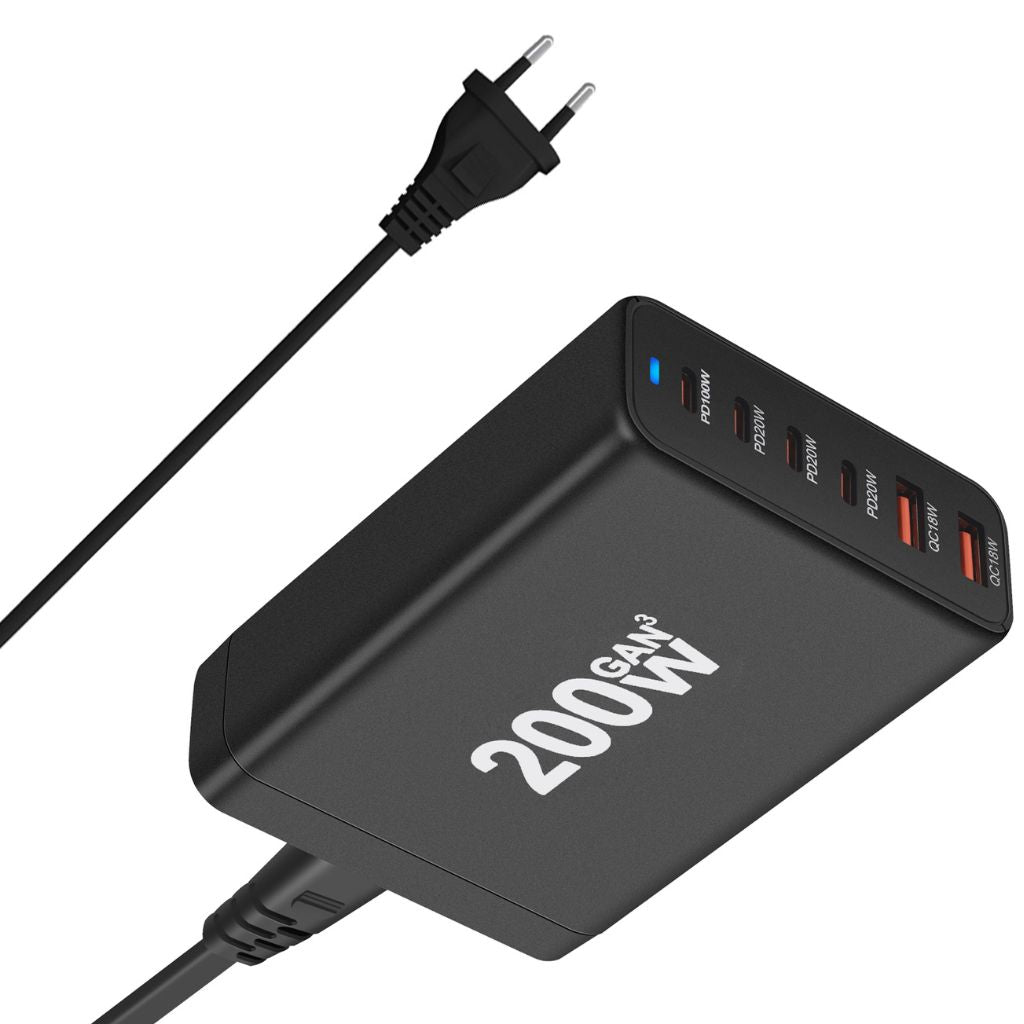 200W GaN 6-Port USB-C Charger with advanced GaN technology, featuring four USB-C PD ports and two USB-A QC 3.0 ports for ultra-fast and efficient multi-device charging. Compact and lightweight design suitable for home, office, and travel use.