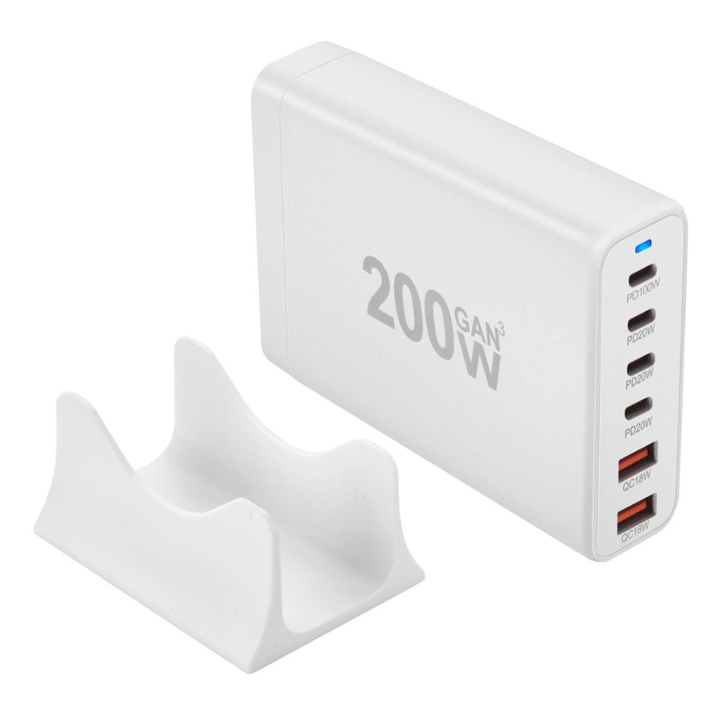 200W GaN 6-Port USB-C Charger with advanced GaN technology, featuring four USB-C PD ports and two USB-A QC 3.0 ports for ultra-fast and efficient multi-device charging. Compact and lightweight design suitable for home, office, and travel use.