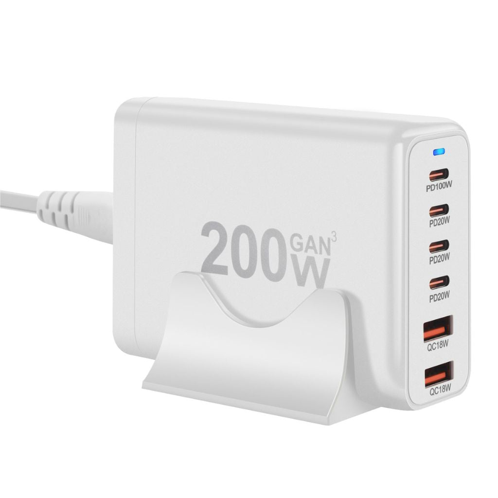 200W GaN 6-Port USB-C Charger with advanced GaN technology, featuring four USB-C PD ports and two USB-A QC 3.0 ports for ultra-fast and efficient multi-device charging. Compact and lightweight design suitable for home, office, and travel use.