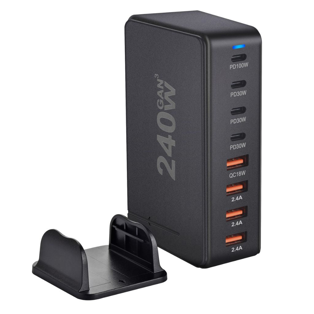 240W GaN 8-Port USB-C Charger with advanced GaN technology, featuring four USB-C PD ports and four USB-A QC ports for ultra-fast and efficient multi-device charging. Compact and lightweight design suitable for home, office, and travel use.