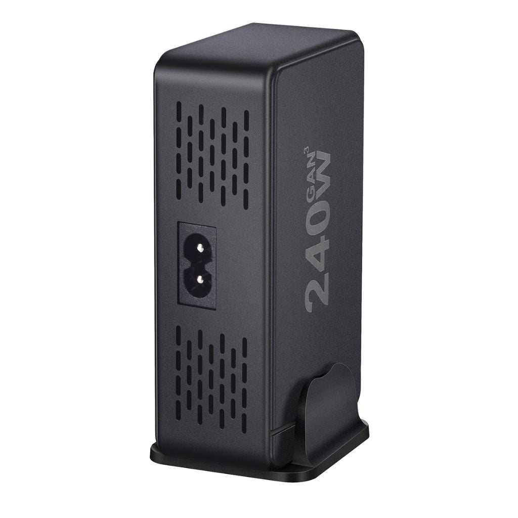 240W GaN 8-Port USB-C Charger with advanced GaN technology, featuring four USB-C PD ports and four USB-A QC ports for ultra-fast and efficient multi-device charging. Compact and lightweight design suitable for home, office, and travel use.