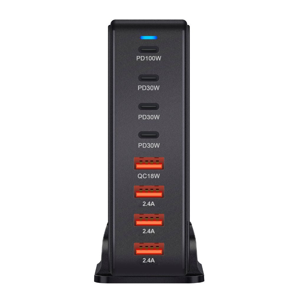 240W GaN 8-Port USB-C Charger with advanced GaN technology, featuring four USB-C PD ports and four USB-A QC ports for ultra-fast and efficient multi-device charging. Compact and lightweight design suitable for home, office, and travel use.