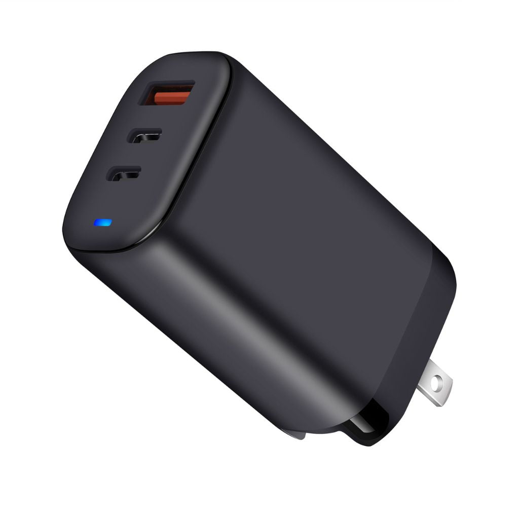 65W GaN 3-Port USB-C Charger with advanced GaN technology, featuring two USB-C PD ports and one USB-A QC port for fast and efficient multi-device charging. Compact and lightweight design suitable for home, office, and travel use.