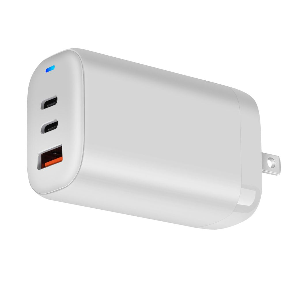 65W GaN 3-Port USB-C Charger with advanced GaN technology, featuring two USB-C PD ports and one USB-A QC port for fast and efficient multi-device charging. Compact and lightweight design suitable for home, office, and travel use.