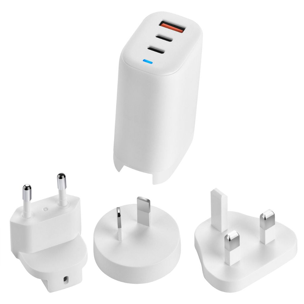 65W GaN 3-Port USB-C Charger with advanced GaN technology, featuring two USB-C PD ports and one USB-A QC port for fast and efficient multi-device charging. Compact and lightweight design suitable for home, office, and travel use.